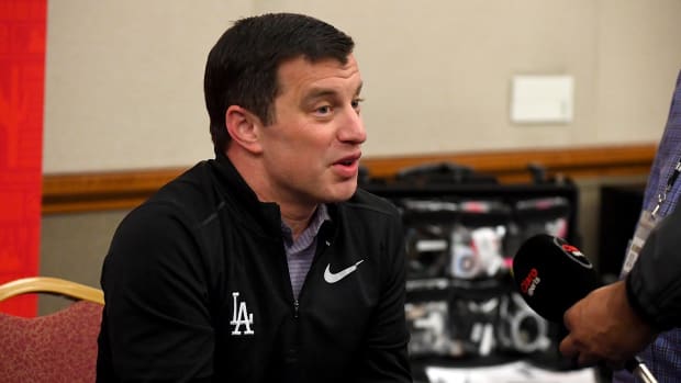 Feb 19, 2019; Glendale, AZ, USA; Los Angeles Dodgers general manager Andrew Friedman answers questions from the media during spring training media day at the Glendale Civic Center. Mandatory Credit: Jayne Kamin-Oncea-USA TODAY Sports